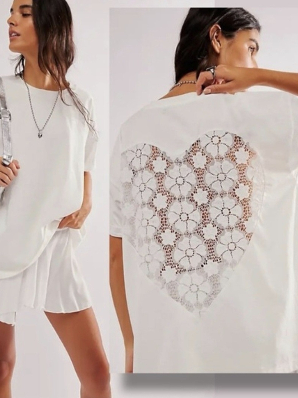 NWOT Free People Daydreamer White Short Sleeve Top with Lace Heart Back